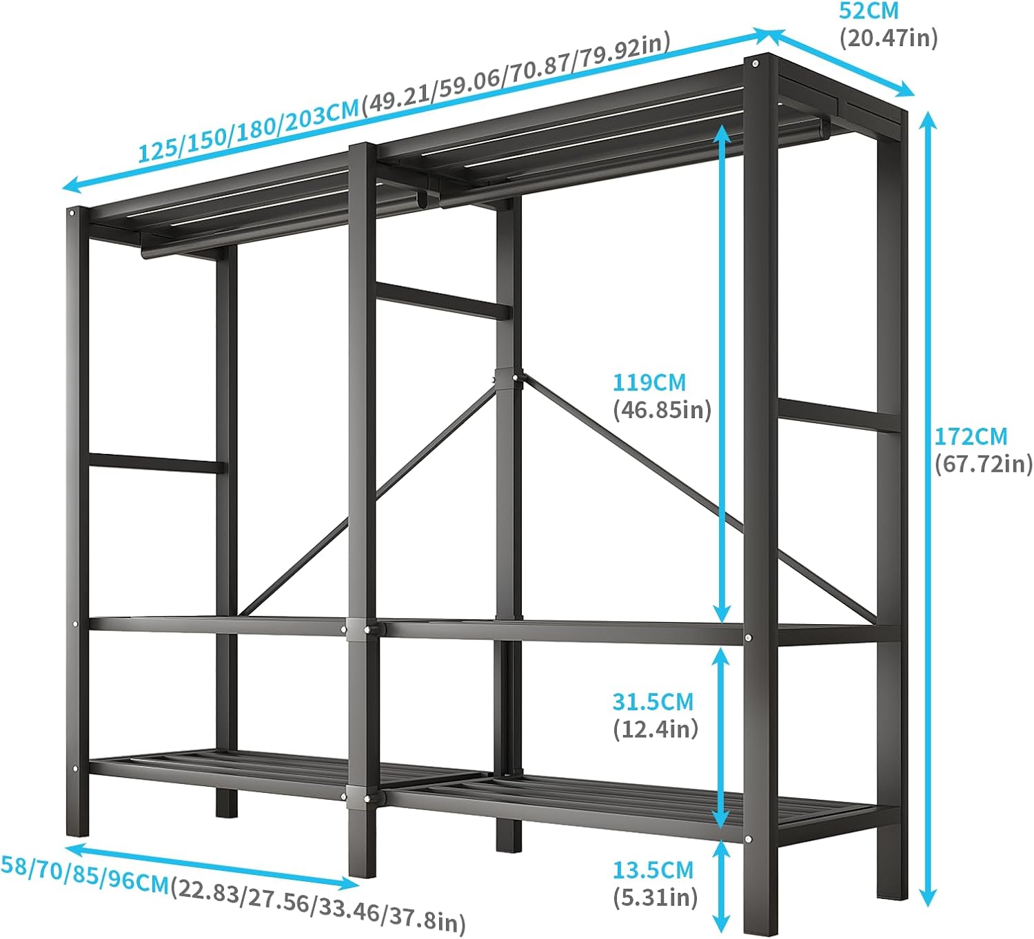 Heavy Duty Portable Closet Wardrobe, Garment Rack with Cover & Hanging Rods, Freestanding Wardrobe with Magnetic Door, Metal Closet Rack for Hanging Clothes (Door Design C, 70.9''/180cm)