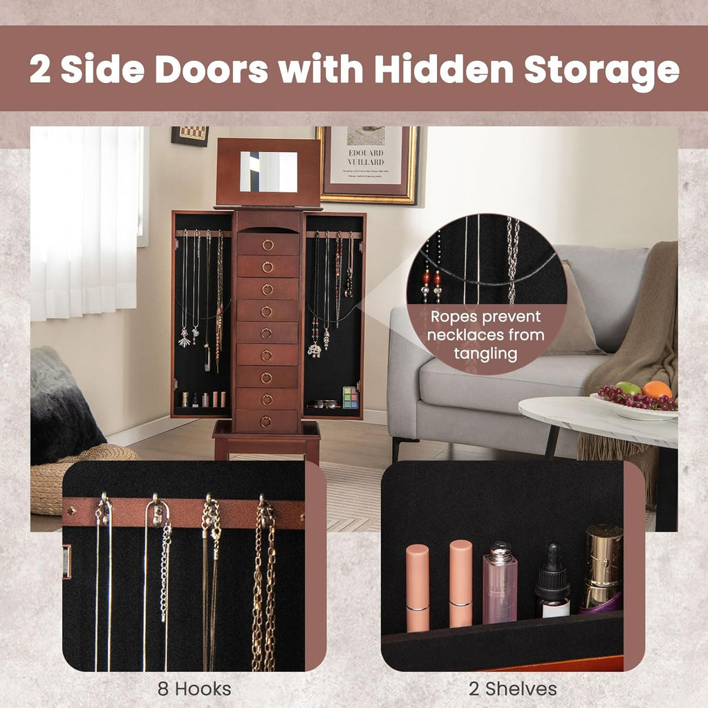NAFORT Jewelry Armoire with Top Flip Vanity Mirror, Jewelry Cabinet with 9 Drawers and 2 Side Doors for Necklace, Large Storage Capacity Jewelry Organizer and Storage, Walnut