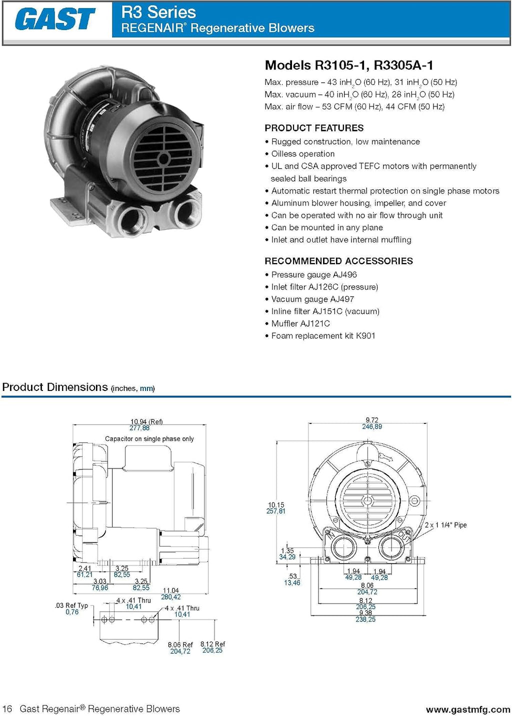 Gast R3105-12 Regenerative Blower 120/240 VAC