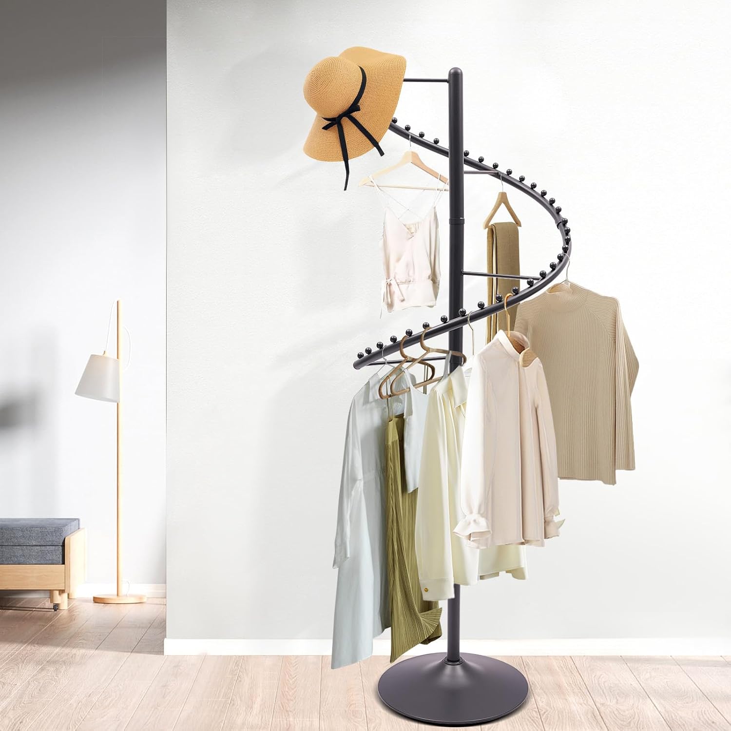 Rotating Clothing Rack 360° Spiral Clothing Rack Floor Standing Spiral Rotating Garment Racks Retail Clothes Display Stand for Bedrooms, Laundry Rooms, Retail Stores (5.91ft, Black)