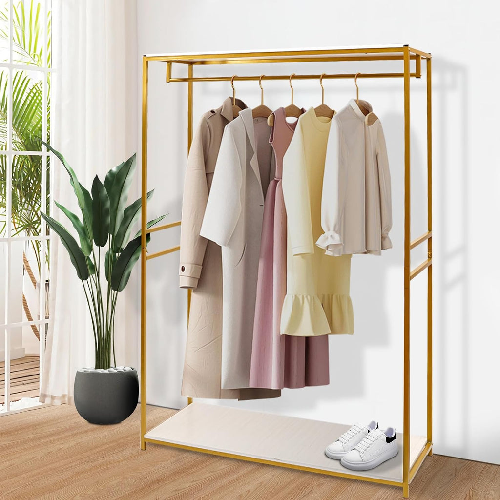 Heavy Duty Gold Clothing Rack with Shelves, Mini Closet, Freestanding Weeding Dress Retail Clothes Rack, Heavy Duty Clothing Rack with Foot Pad (47.24x17.71x74.8in)