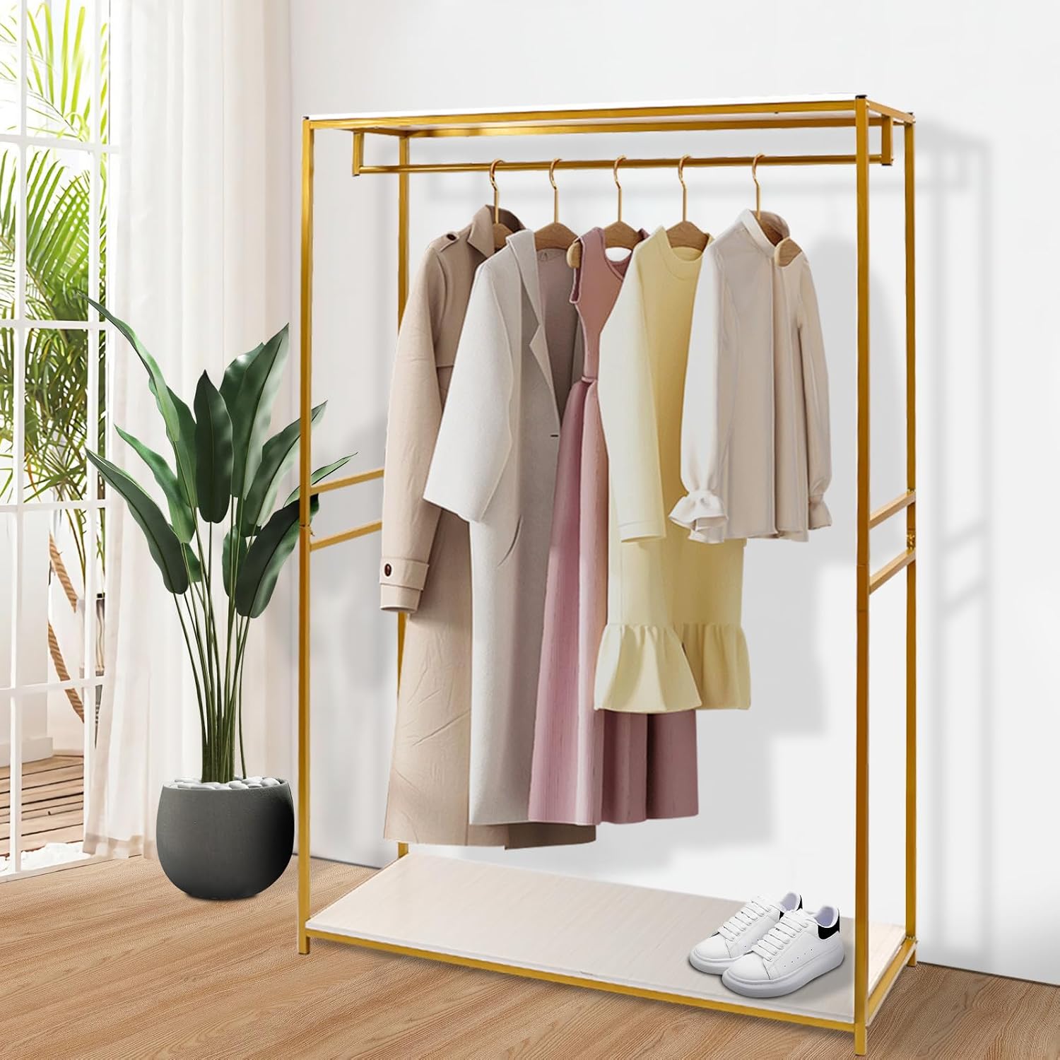 Heavy Duty Gold Clothing Rack with Shelves, Mini Closet, Freestanding Weeding Dress Retail Clothes Rack, Heavy Duty Clothing Rack with Foot Pad (47.24x17.71x74.8in)