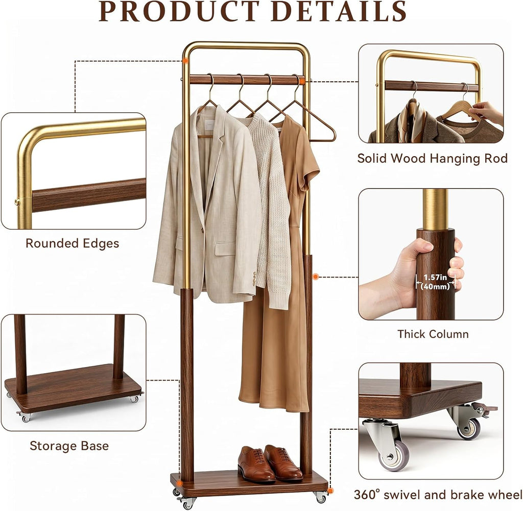 Taitiy Clothes Rack Solid Wood Coat Rack, Metal and Solid Wood Combination Clothing Rack with Wheels for Entryway, Bedroom, Living Room, Coat Racks Freestanding for Hanging Clothes Garment Scarf