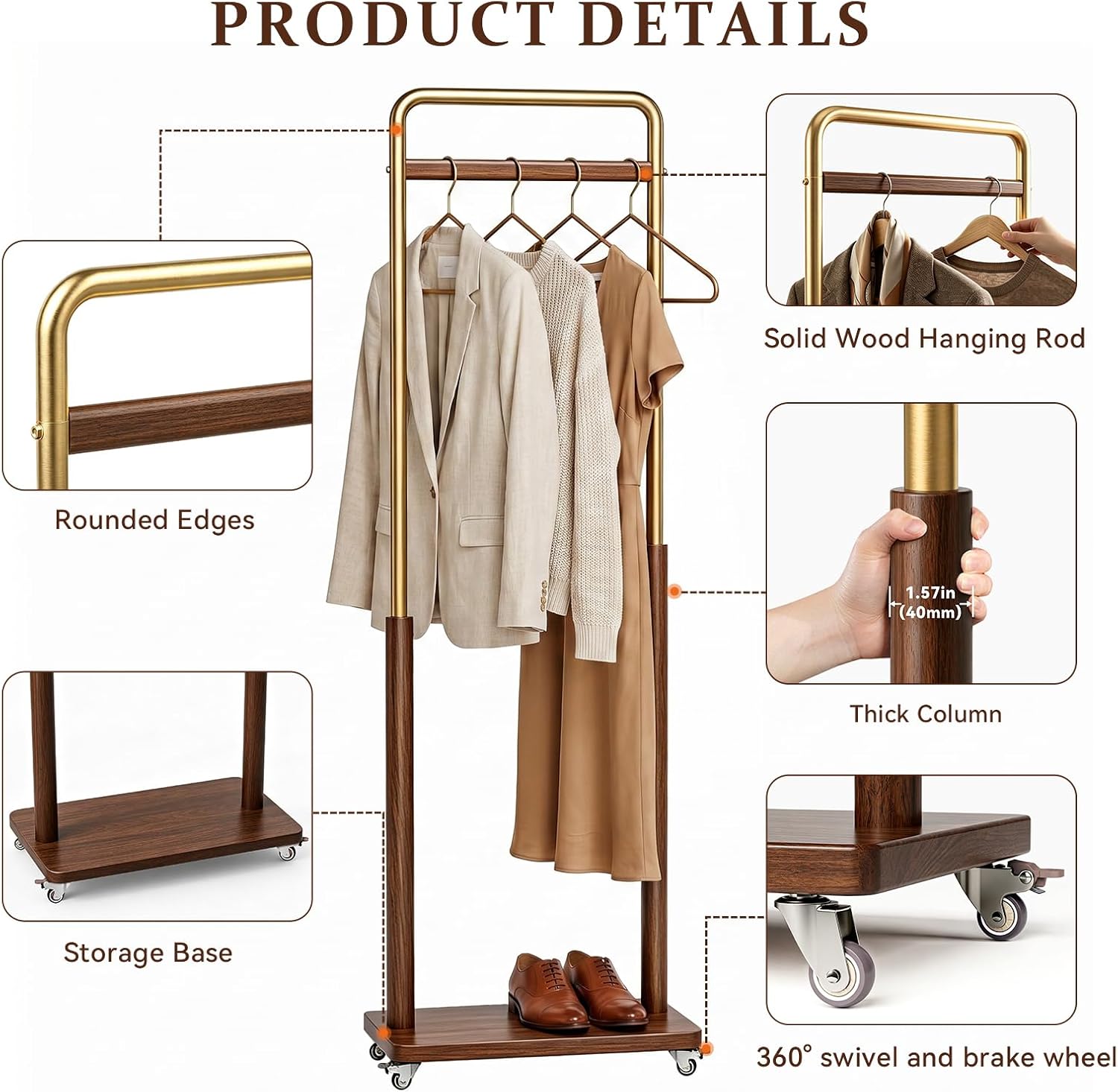 Taitiy Clothes Rack Solid Wood Coat Rack, Metal and Solid Wood Combination Clothing Rack with Wheels for Entryway, Bedroom, Living Room, Coat Racks Freestanding for Hanging Clothes Garment Scarf