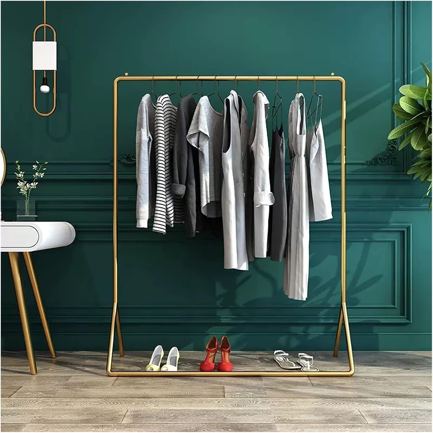 AEYSD-456 Adjustable Garment Rack Hanging Clothes Rack Flooring Bedroom Home Single Rod Drying Clothes Rack Indoor Small Coat Rack Standing Hanger(Black+Gold,Medium)