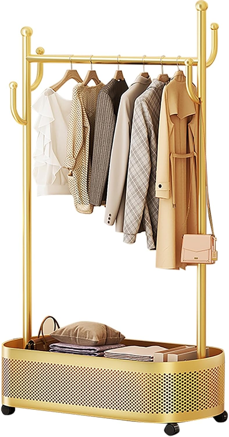 Clothes Rack with Storage Shelves and Coat/Hat Hooks,Heavy-Duty Metal Garment Rack,Hanging Clothes,Freestanding Clothing Racks(Gold,80cm/31.5in)