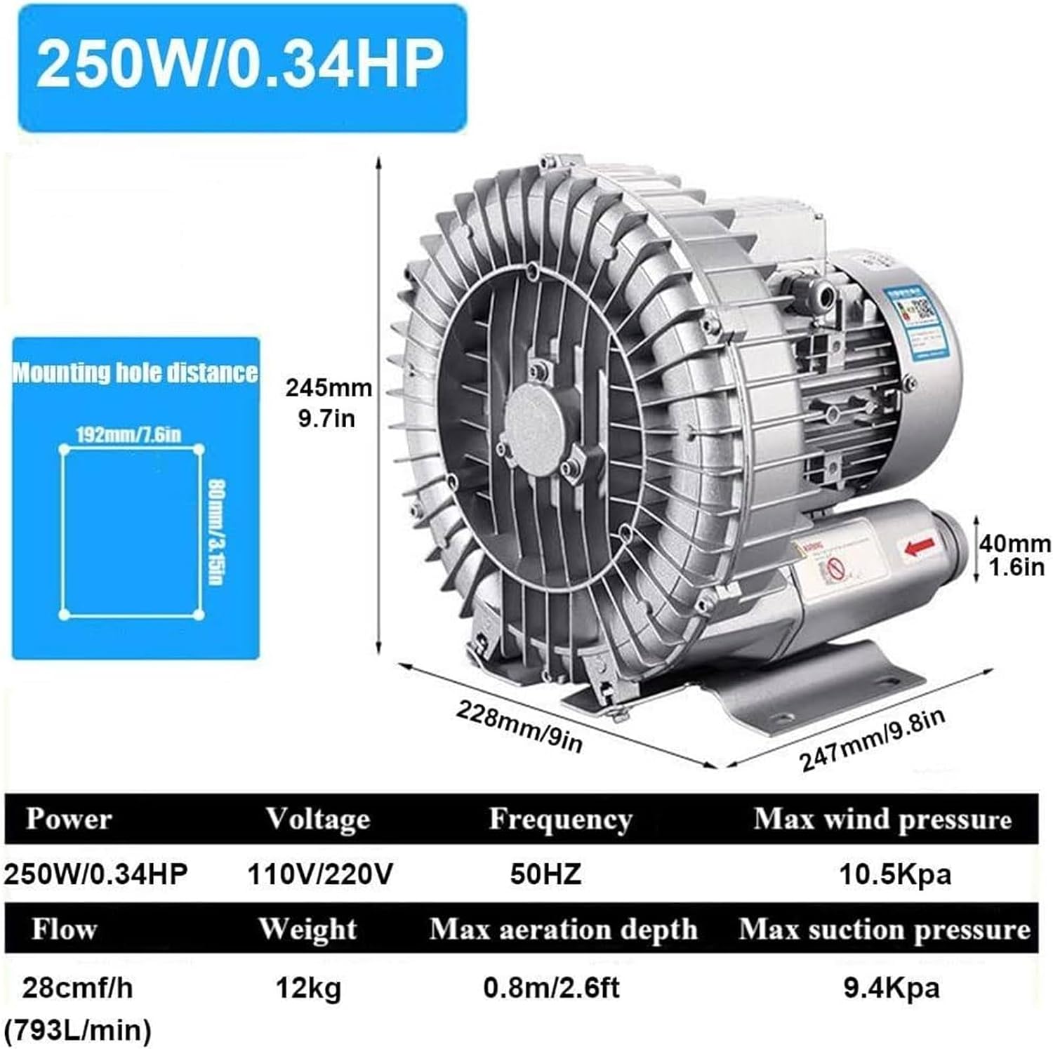 Regenerative Blower 120W 180W 250W 370W 550W 750W 1100W Single Phase Turbine Blower, 110v 60hz High-Pressure Vortex Ring Blower, 50Hz Industrial Vacuum Pump(250W/0.34HP)