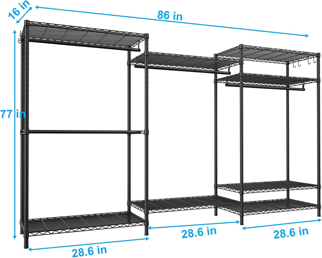 Ulif E13 Max Heavy Duty Clothes Rack（With 4 Hanger Rods & 8 Shelves） Freestanding Clothing Racks for Hanging Clothes，Adjustable Closet，Metal Garment Rack 86' W x16 D x77 H，Max Load 1100LBS，Black