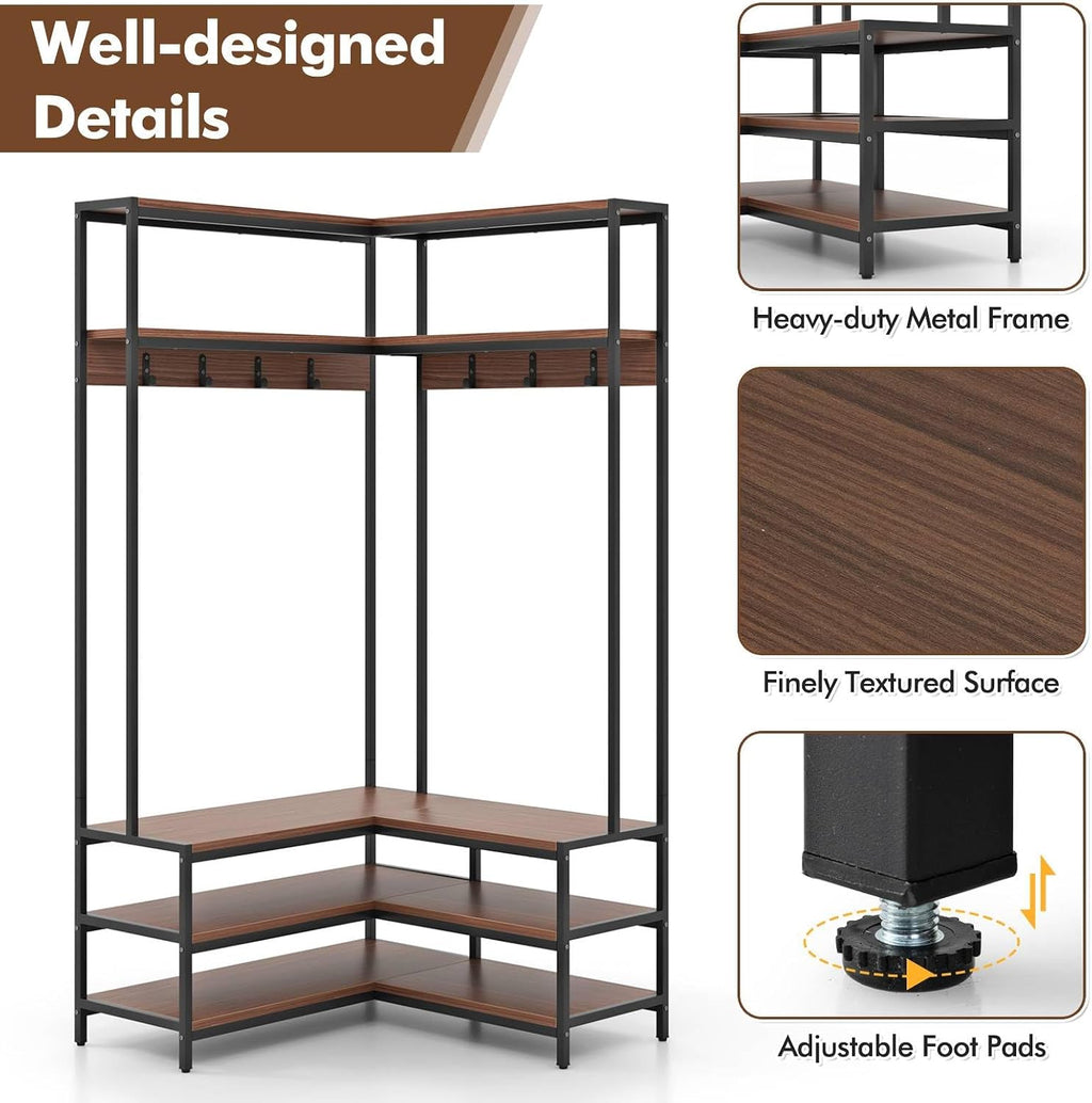 Multigot L-shaped Clothes Rack, Freestanding Corner Garment Rack Hall Tree with Shoe Storage Bench, Shelves and 7 Hooks, Metal Frame Coat Rack Stand Closet Storage Organizer (Walnut+Black)