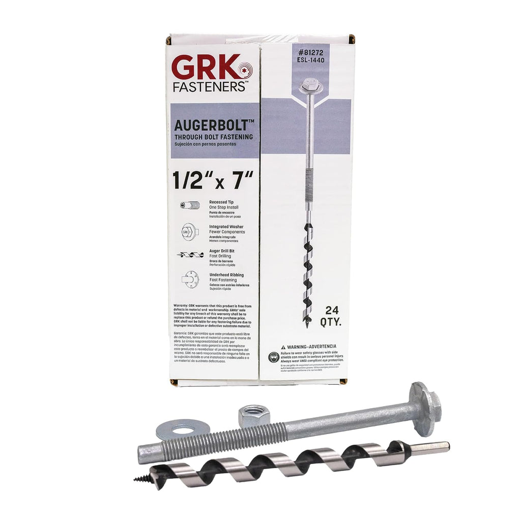GRK Fasteners AugerBolt™ Through Bolt Fastening System, Galvanized Heavy-Duty Carriage Bolts, Rust & Corrosion Resistance for Post-to-Beam Connections, 24 Bolts with Drill Bit, Hex Nuts, & Washers