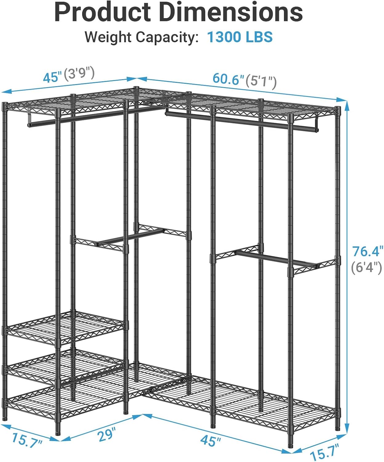 VIPEK L40 Plus Garment Rack L Shaped Clothes Rack for Corner, Freestanding Portable Wardrobe Closet Heavy Duty Clothing Rack for Hanging Clothes, 60.6'L x 45'W x 76.4'H, Load Capacity 1300LBS, Black