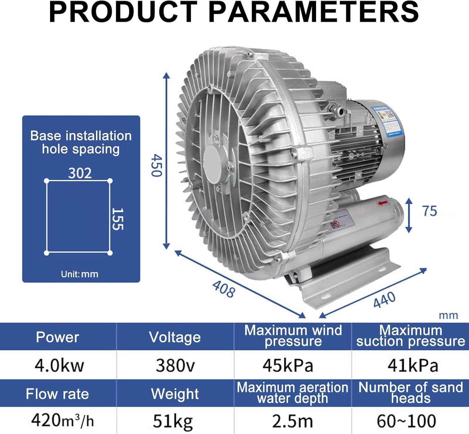 Single/Three Phase Vortex Ring Blower,120W-7500W Regenerative Blower for Aquarium Hydroponics Pond Septic Tank Aerators,Electric Air Pump,Ring Blower for Sewage Aeration(4KW/380V)