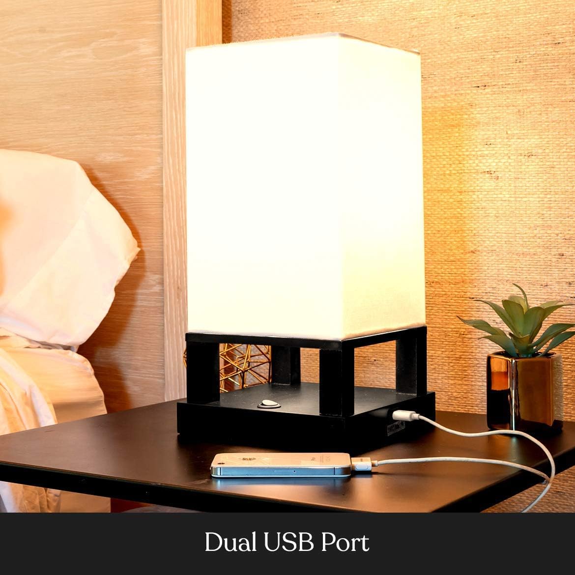 Brightech Maxwell Floor & Table Lamp Set of 2 - Modern Floor Lamp With Drawers And Nightstand Lamp with USB Port - Perfect for Bedrooms & Living Rooms, LED Bulb, Wood Frame, Soft Ambient Light - Black