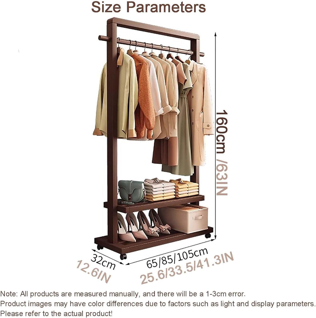 Clothes Rack, Bamboo Floor-standing Bedroom Coat Rack,Rack Heavy Duty Garment Racks For Hanging Clothes,Shoe Clothing Storage Organizer Shelves, 63 in Height(Brown,85CM/33.5IN)
