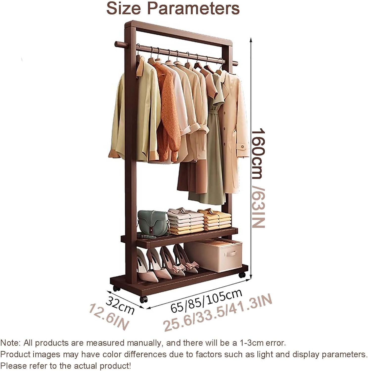 Clothes Rack, Bamboo Floor-standing Bedroom Coat Rack,Rack Heavy Duty Garment Racks For Hanging Clothes,Shoe Clothing Storage Organizer Shelves, 63 in Height(Brown,85CM/33.5IN)