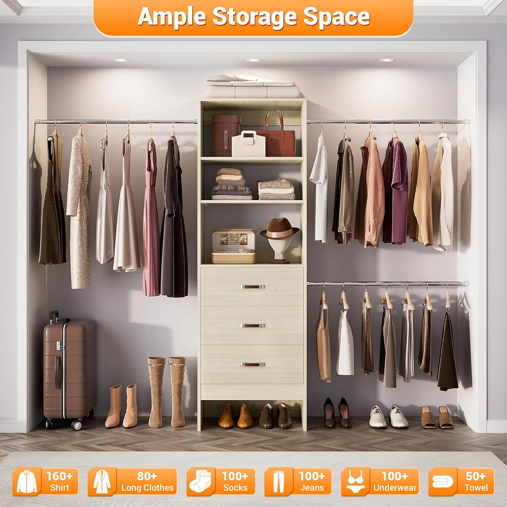 Homieasy 96 Inches Closet Organizer System, 8FT Customizable Walk In Closet Organizer with Hanging Rods, 3 Leather Handle Drawers Garment Rack, 96' L x 16' W x 75' H, Max Load 1000 LBS, White Oak