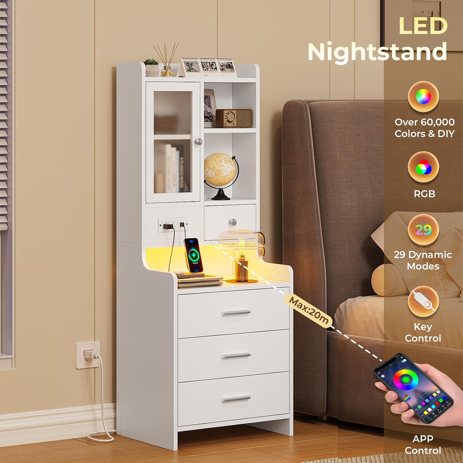 ADORNEVE White Nightstand Set of 2 with Charging Station,49.2' LED Night Stand for Bedroom,Tall Bedside Table with Bookshelf and Drawers,Side Tables Bedroom