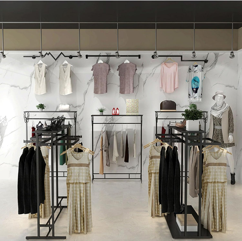 Freestanding Garment Rack With Shelves, Metal Clothing Rack Boutique Display Rack Closet Organizer, Commercial Grade Clothes Display Rack, Heavy Duty Shoes Bags Clothes O(D-120X50X150Cm)