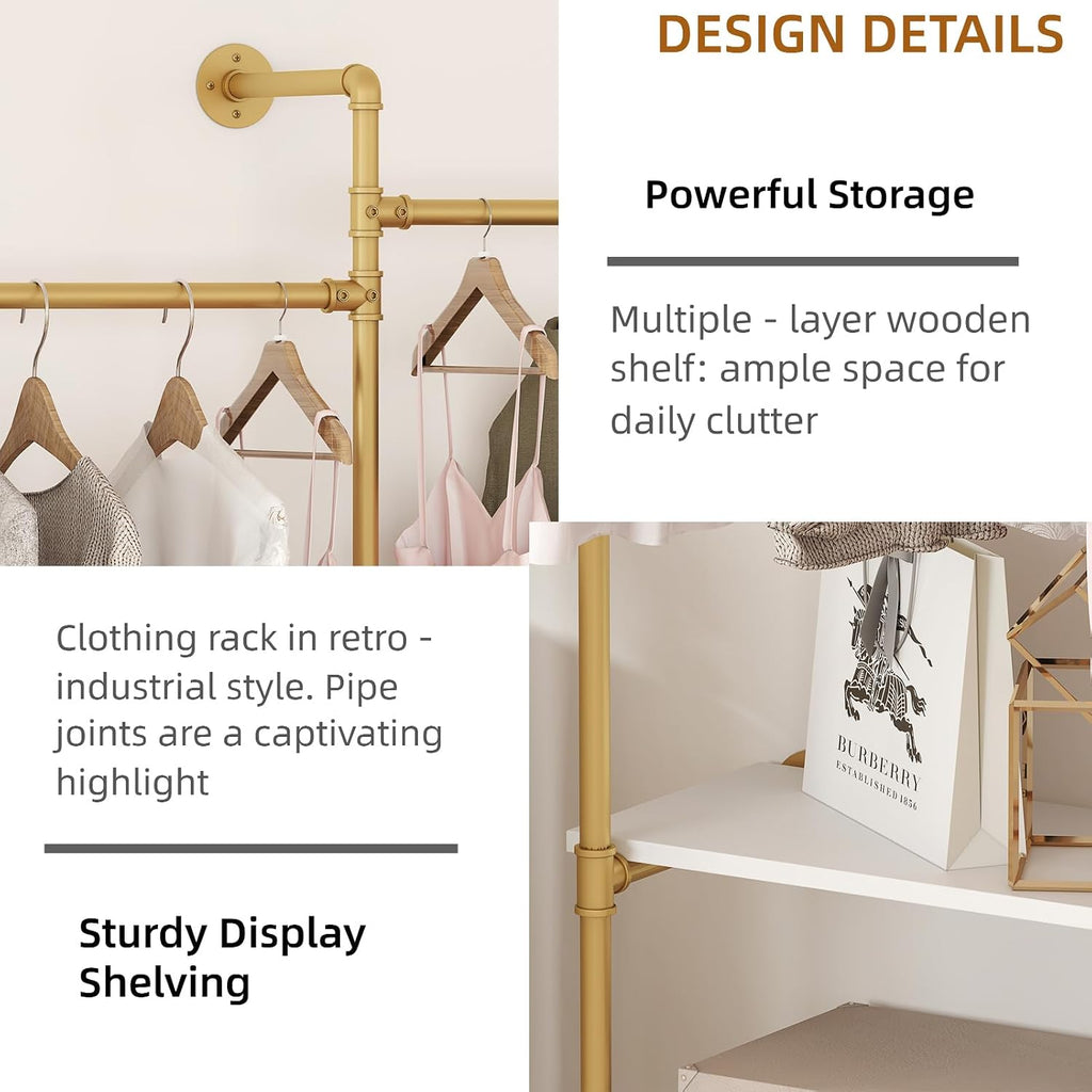 Industrial Pipe Clothes Rack,Wall Mounted Closet Wardrobe Rack, Corner L Shaped Walk-in Closet System, 2 Installation Methods (Gold, 80' H x 86' W)
