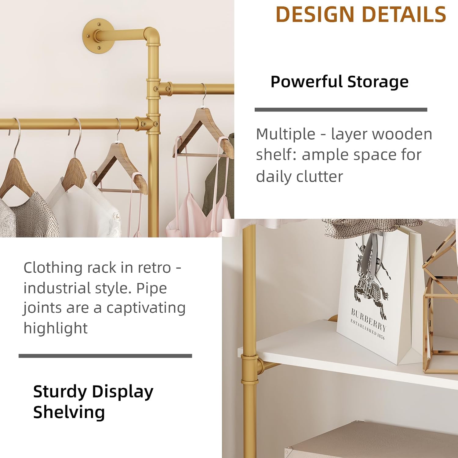 Industrial Pipe Clothes Rack,Wall Mounted Closet Wardrobe Rack, Corner L Shaped Walk-in Closet System, 2 Installation Methods (Gold, 80' H x 86' W)