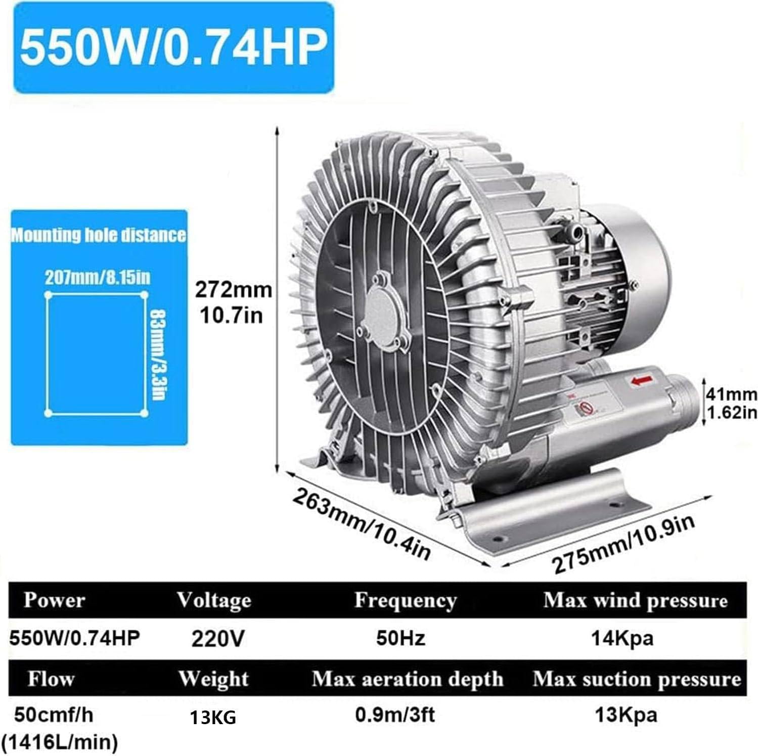 220V Side Channel Blower,120W-1100W Regenerative Blower,for Basement and Factory Ventilation,Regenerative Blower,550W/0.74HP