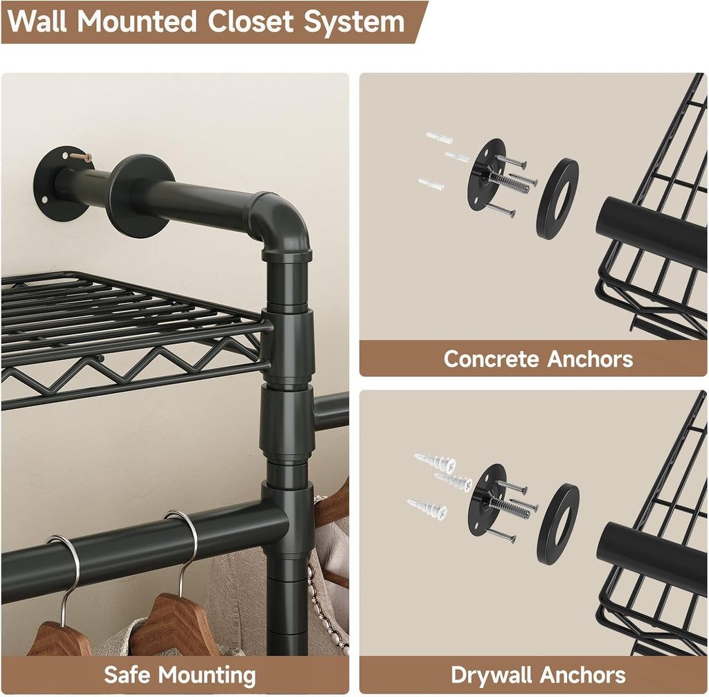 Wall Mounted Garment Rack, Industrial Pipe Clothing Rack, Closet System with 6 Expandable Rods, Walk in Closet Shelving, Clothes Organizers and Storage, Hanging Racks Wardrobe Renovation, Black