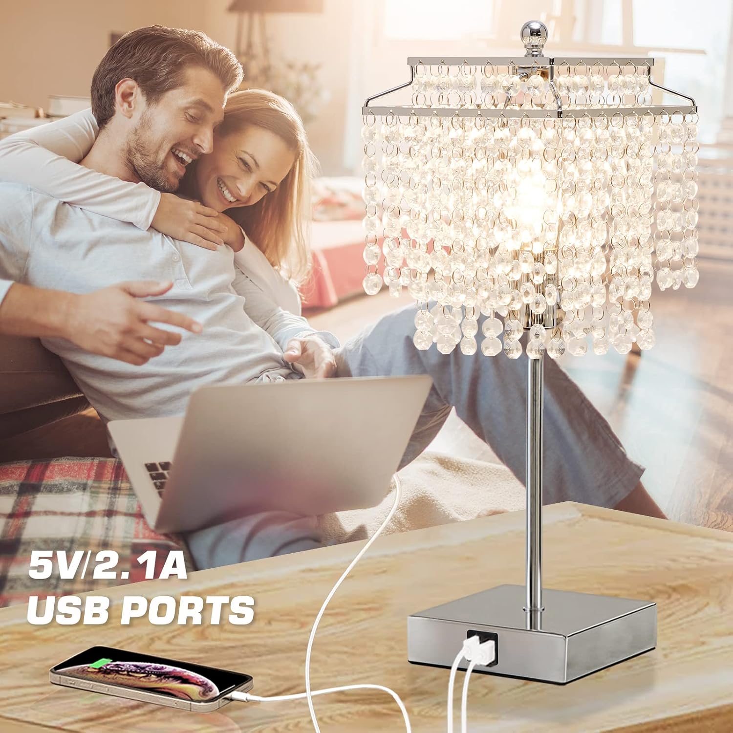 Luvkczc Table Lamp and Floor Lamp Set, Crystal Table Lamp with USB Ports+Crystal Floor Lamps Set of 2, Morden Lamps for Living Room, Bedroom, Office (Silver)