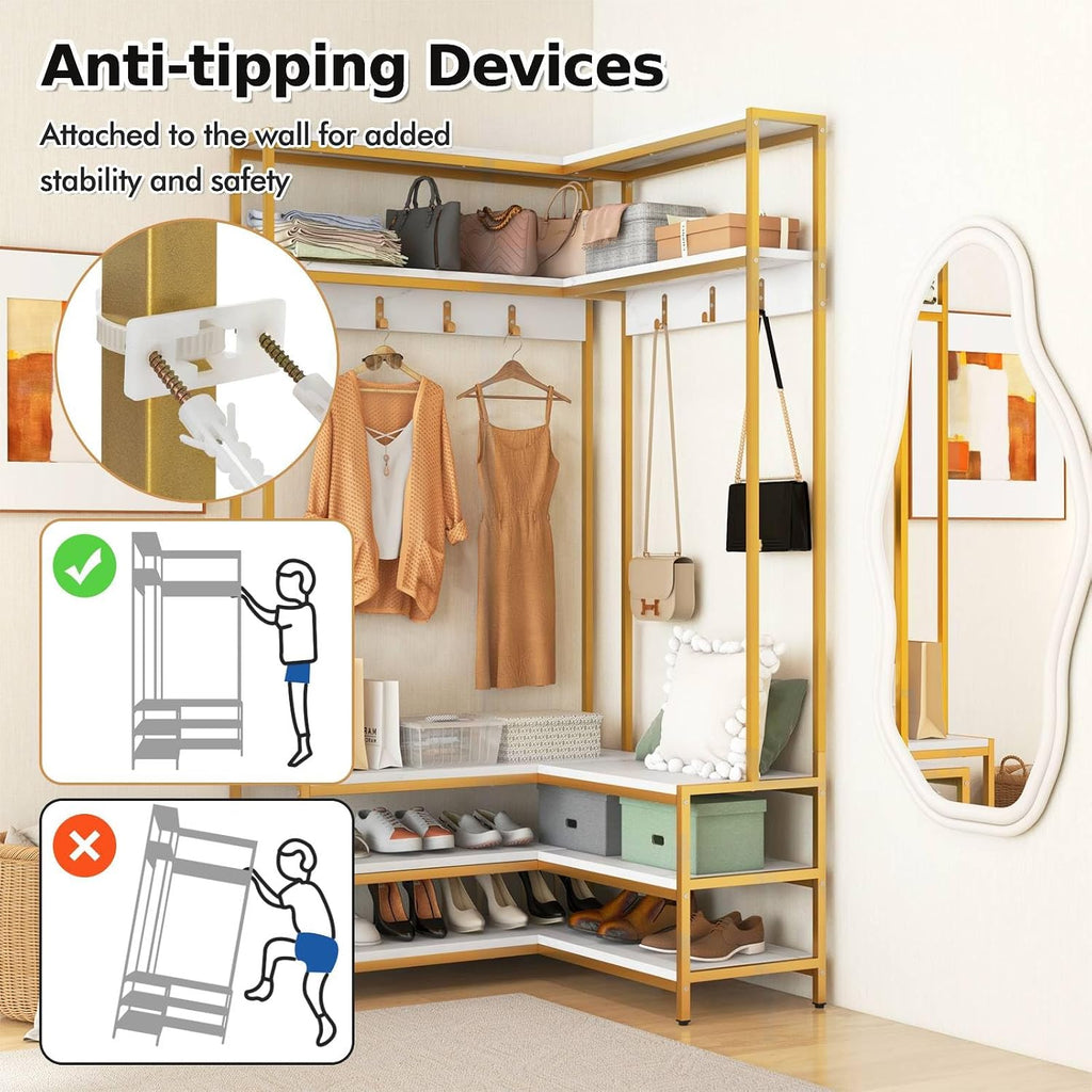 Multigot L-shaped Clothes Rack, Freestanding Corner Garment Rack Hall Tree with Shoe Storage Bench, Shelves and 7 Hooks, Metal Frame Coat Rack Stand Closet Storage Organizer (White+Golden)