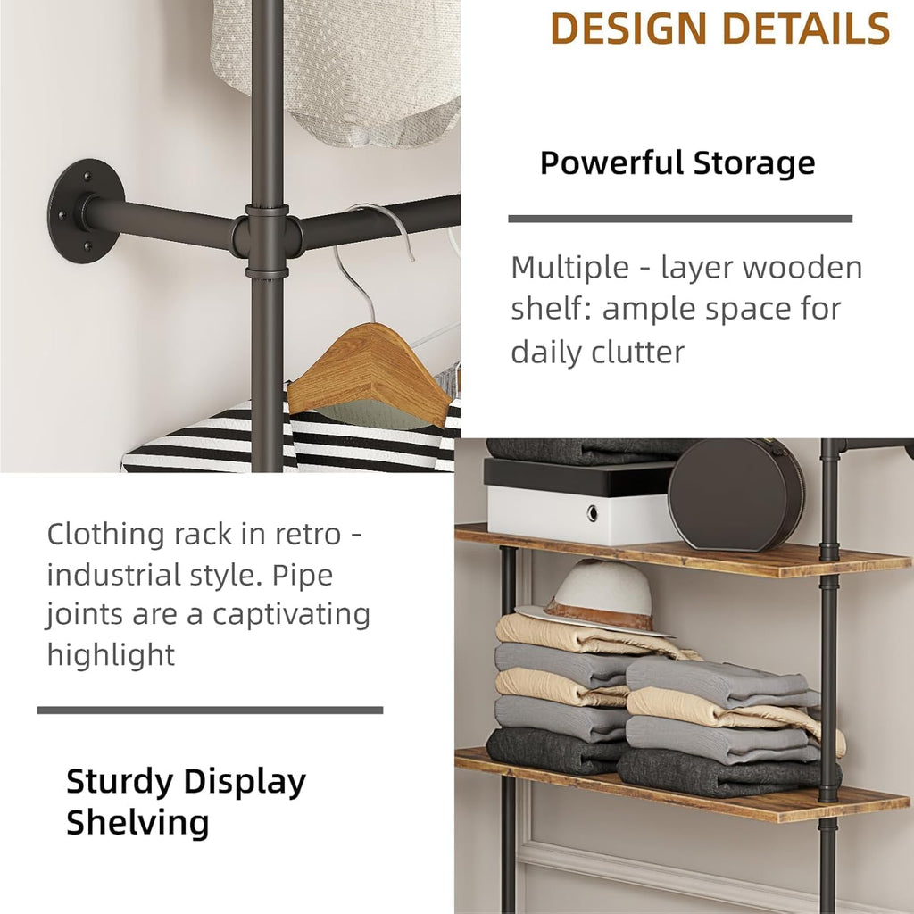 Industrial Pipe Clothing Rack Wall Mounted Heavy Duty, Space Saving Garment Hanger System for Wardrobe/Walk-in Closet,Black