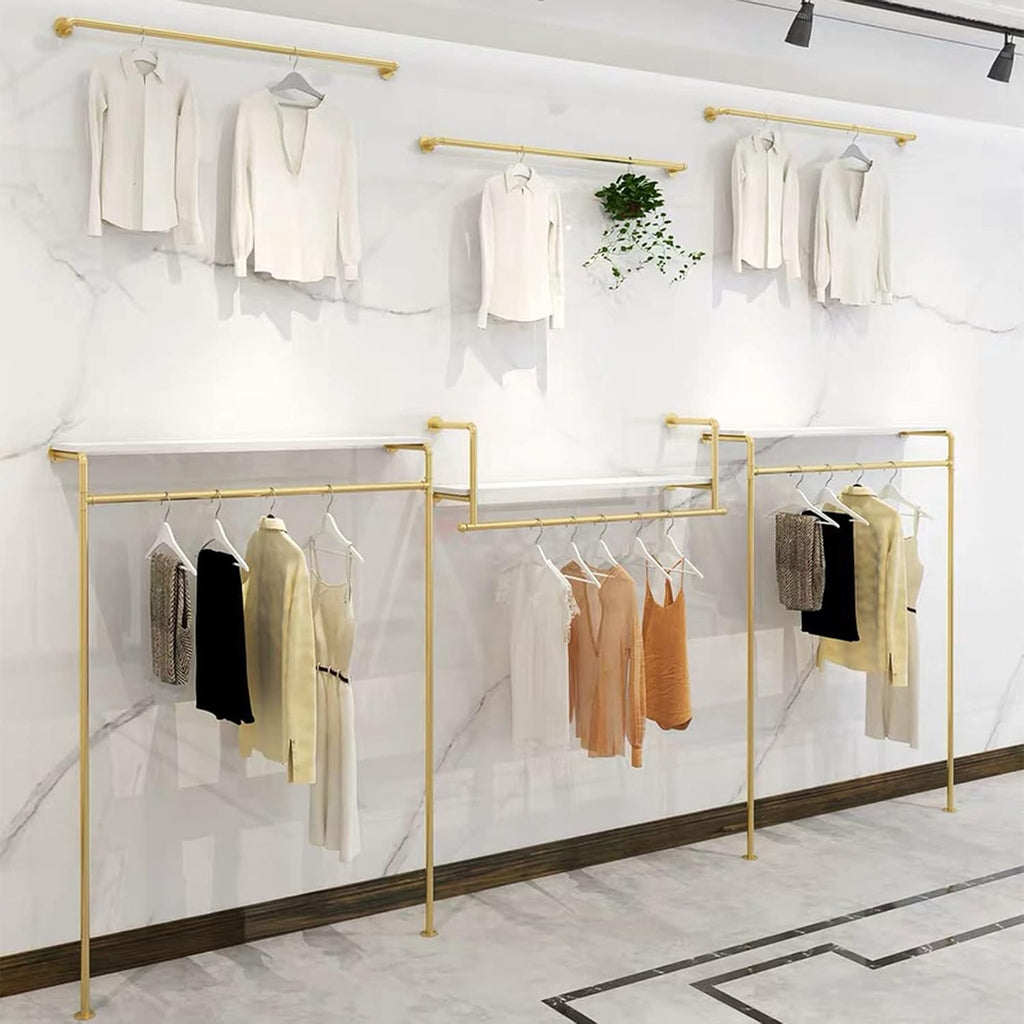 Modern Simple Industrial Pipe and Wood Garment Rack,Wall Mounted Hanging Rods Clothing Rack,Retail Display Storage Clothes Hanging Shelves(Gold, 47.2' L)