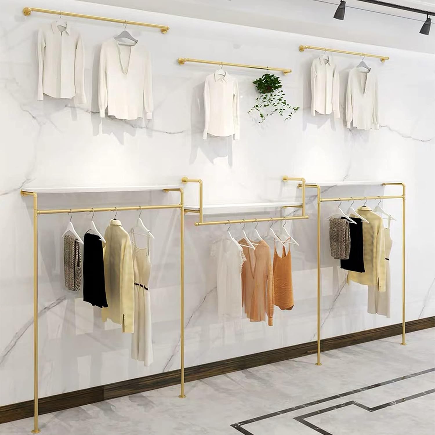 Modern Simple Industrial Pipe and Wood Garment Rack,Wall Mounted Hanging Rods Clothing Rack,Retail Display Storage Clothes Hanging Shelves(Gold, 47.2' L)