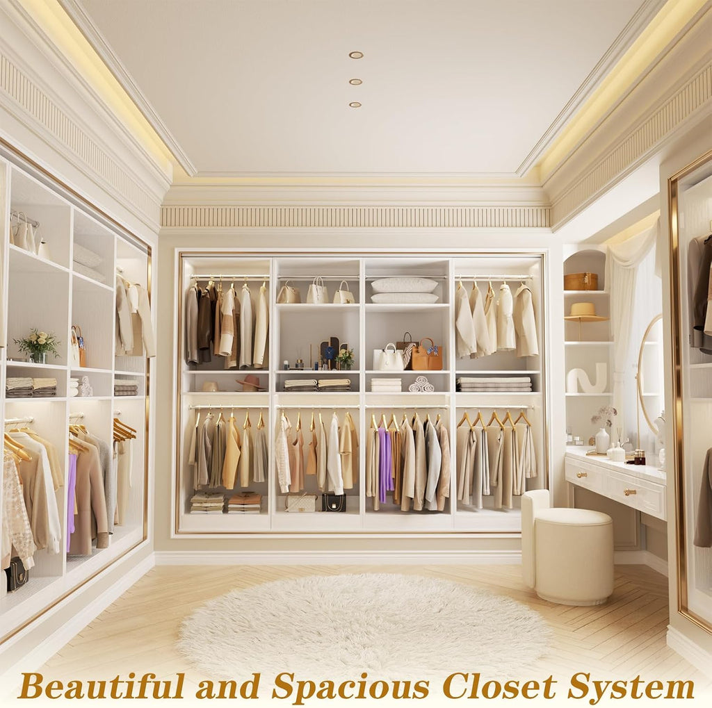 Unikito 100' Closet System, 8.3FT Wood Closet Storage Organizer with 8 Hanging Rods, Adjustable Large Walk in Wardrobe Closet Tower, Sturdy Clothes Garment Rack, Easy Assembly, Set of 4, White