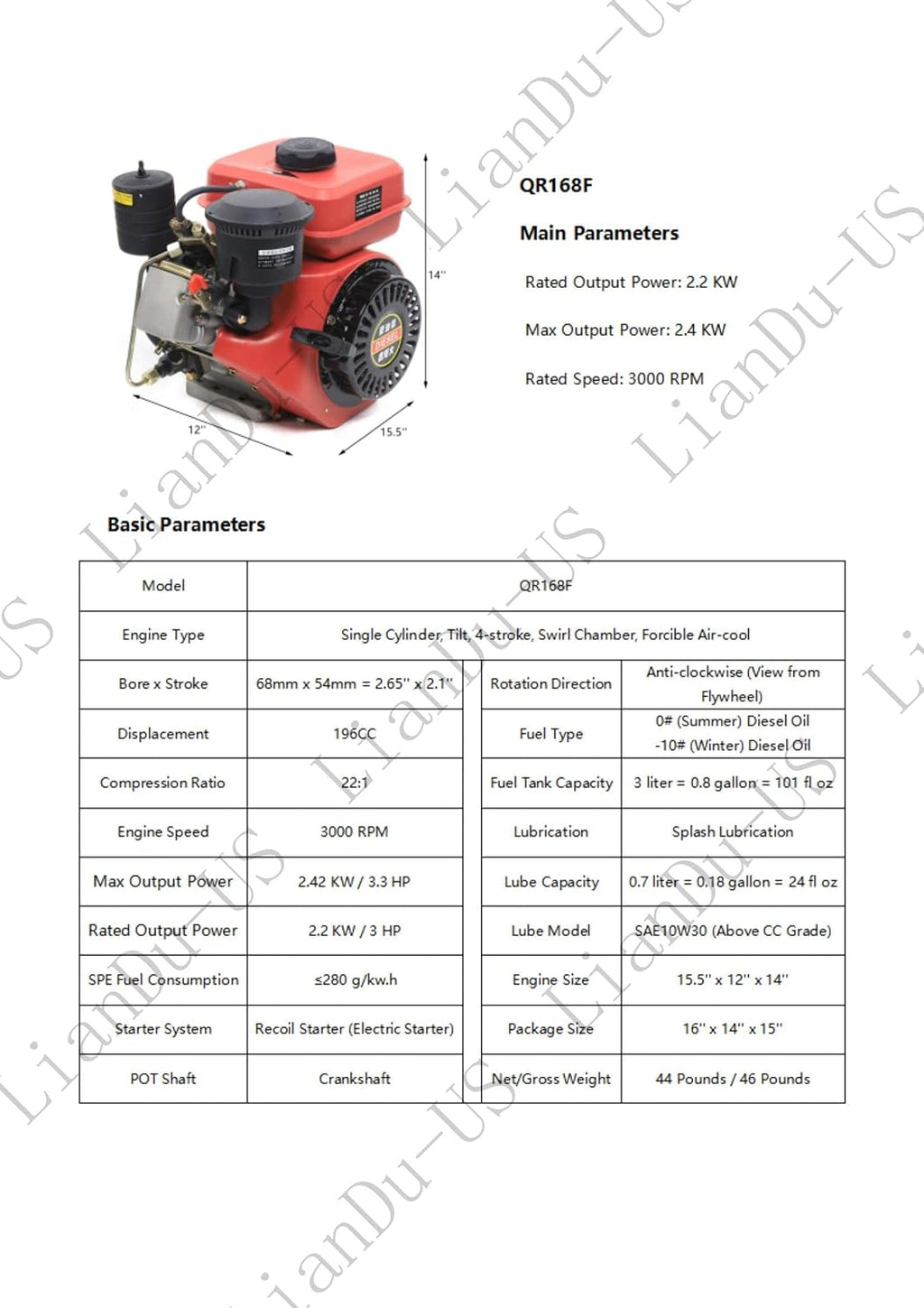 Diesel Engine 196CC 4 Stroke Single Cylinder Forced Air Cooling Horizontal Axis Engine Recoil Hand Start 53mm Shaft Length 3000RPM 2.2KW (Red)