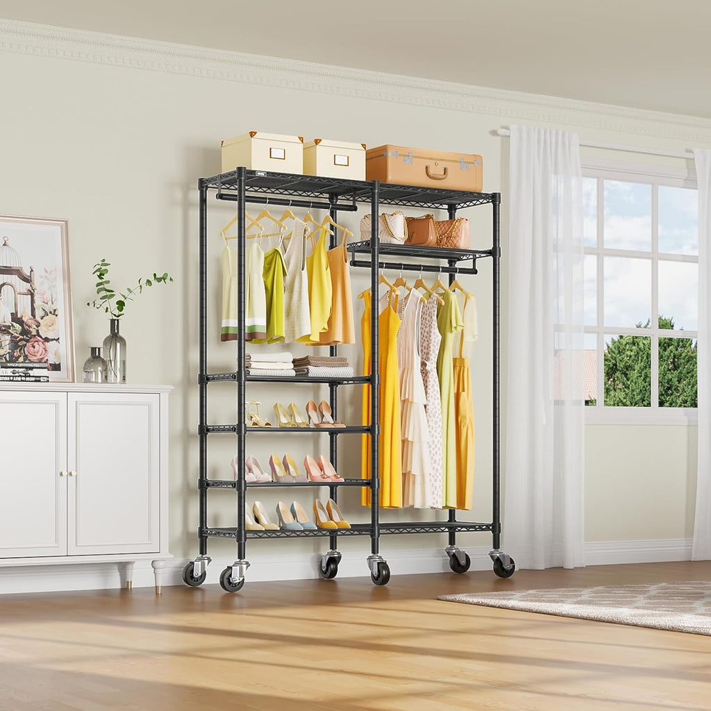 VIPEK R4 Rolling Clothes Rack for Closet, Garment Rack With Lockable Wheels, 6 Adjustable Shelves & 2 Hanger Rods for Bedroom or Laundry Room, Metal Clothing Rack, Max Load 620LBS, Black