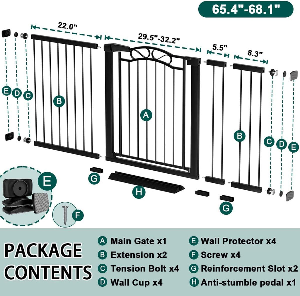 Fairy Baby 65.4'-68.1' Extra Wide Baby Gate with Door, 66 67 68 Inches Walk THR Baby Gates for Stairs Pressure Mounted no Drill, Indoor Tension Metal Child Pet Dog Safety Gate for Kids, Black