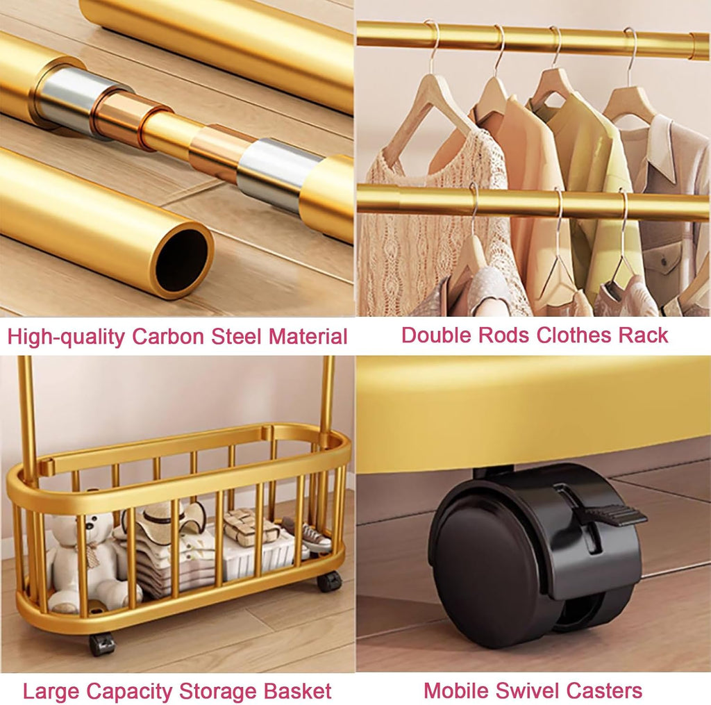 Gold clothes rack with Storage Shelf & Wheels – Double Rod Freestanding Garment Rack with Hooks，Portable Coat storage rack for Bedroom, Living Room(100cm/39.4in)