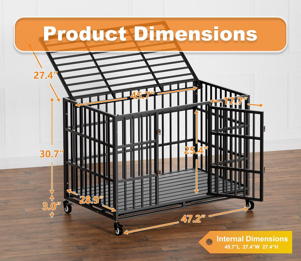 48 Inch Heavy Duty Dog Crate with Wheels,Indestructible Escape-Proof Dog Kennel with Locking Latch and Double Door,Extra Large XL XXL Crate Indoor for Large and Medium Dog with Removable Tray