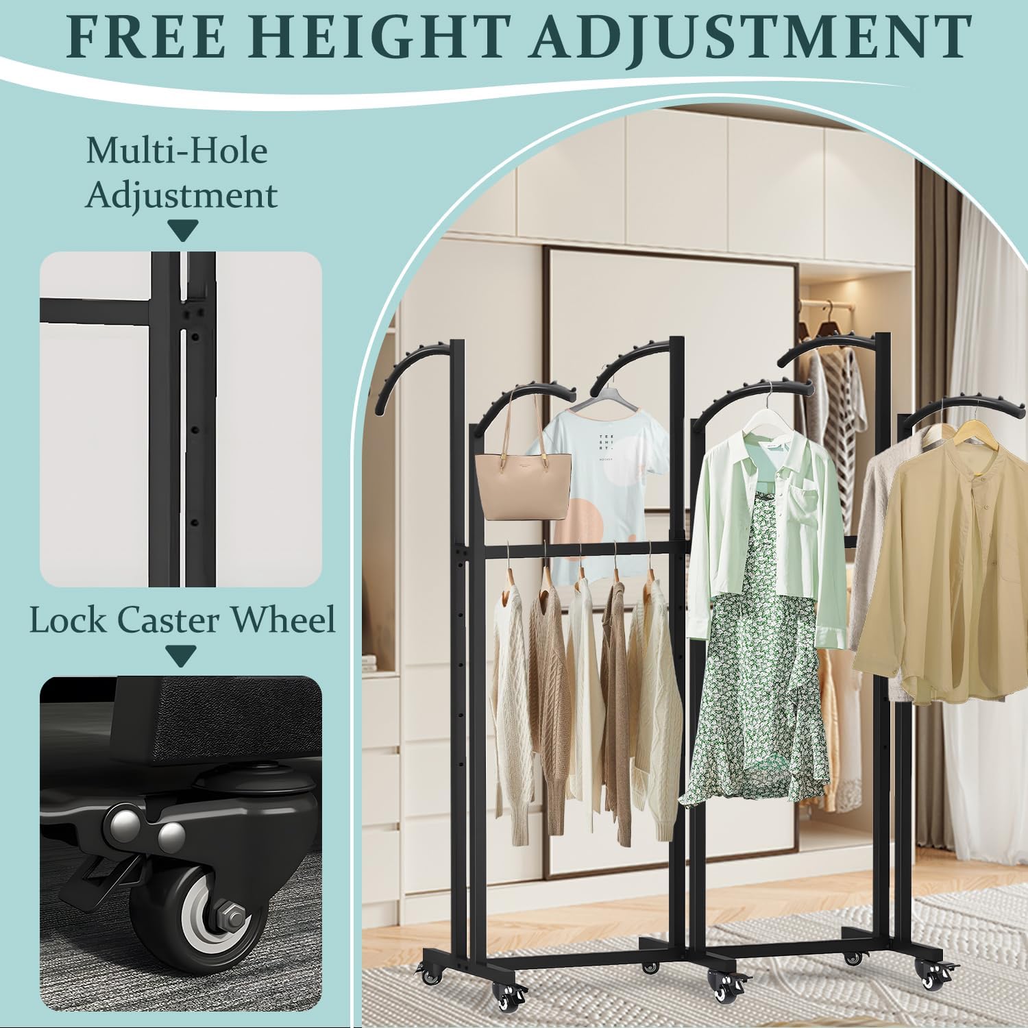 Floor Standing Metal Garment Rack With Wheels, 6 Arms Clothing Rack, Heavy Duty Metal Clothing Garment Rack with Curved Arms, Display Rack for Hanging Clothes,Black