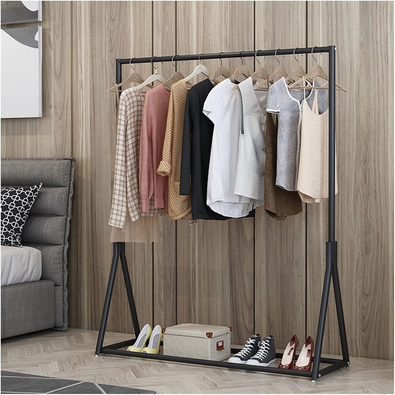 Generic Shoe Bench Coat Stand Rack Hanger Metal Heavy Duty Clothes Rail Commercial Clothes Display Rack Standing Garment Rack For Hanging Clothes Hanging Clothes Rail For Entryway And Bed, Black