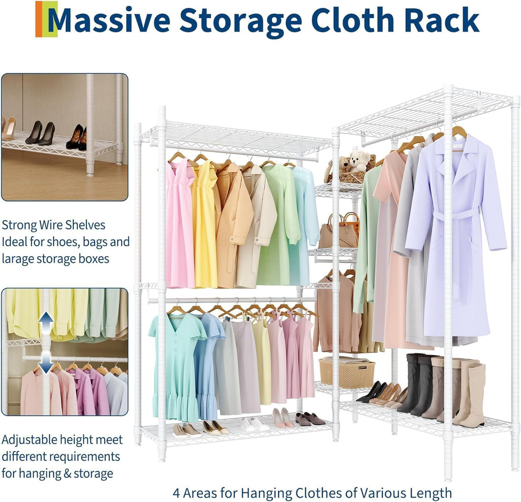 Heavy Duty L-Shaped Freestanding Clothes Rack - Portable Metal Wardrobe Organizer - 4 Hanging Rods & 7 Adjustable Shelves - 1870 lbs Capacity - Corner Closet Storage for Bedroom, Cloakroom -