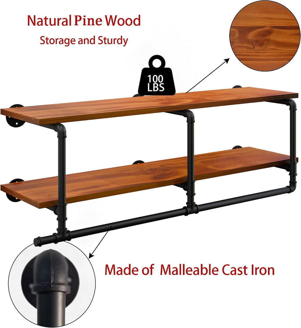 Wall Mounted Clothes Rack 12 Inch Deep, 42 Inch Heavy Duty Garment Rack with Real Walnut Wood Shelf, Multi-Purpose Hanging Rod & Space-Saving Closet Storage Organizer