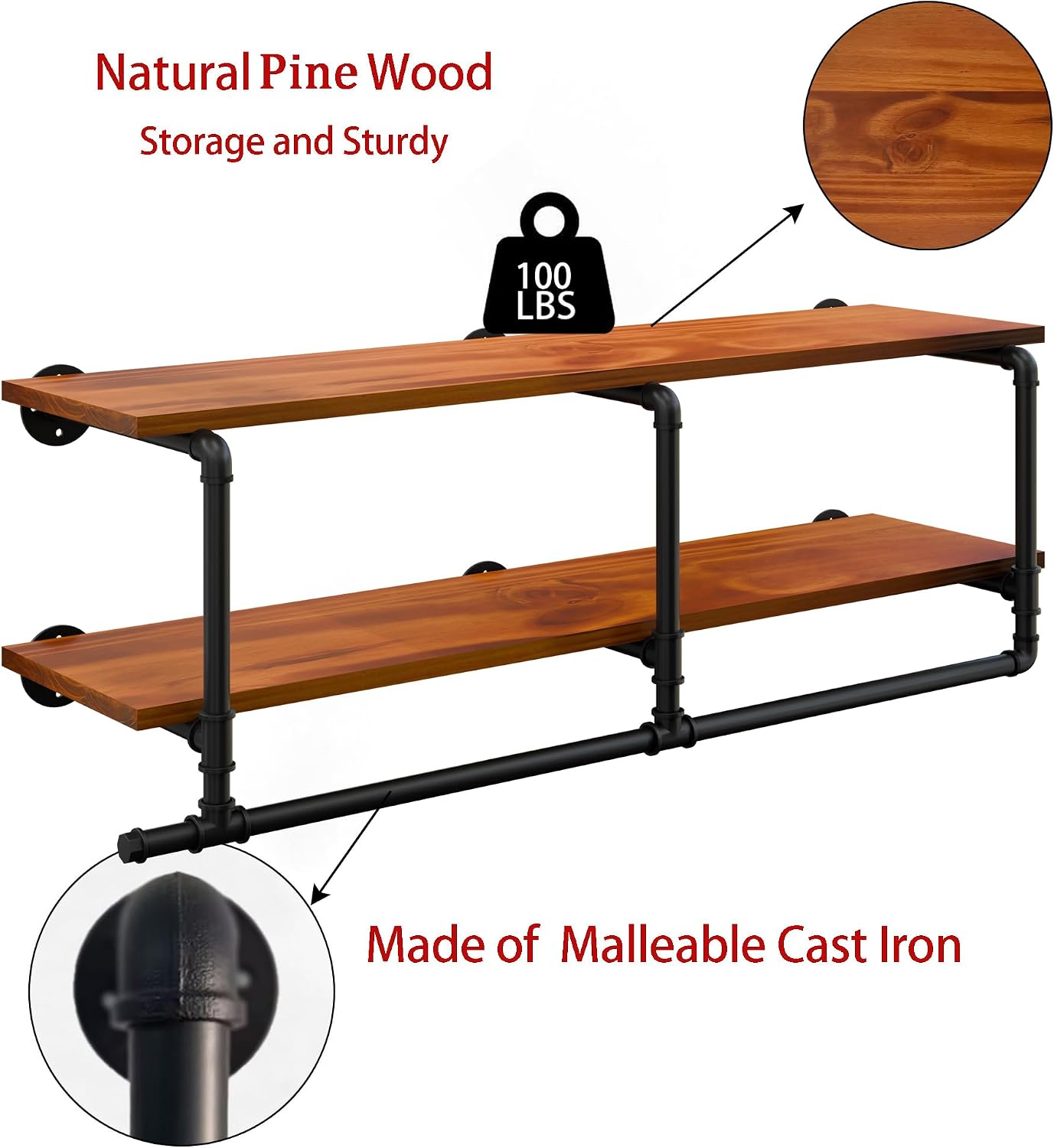 Wall Mounted Clothes Rack 12 Inch Deep, 42 Inch Heavy Duty Garment Rack with Real Walnut Wood Shelf, Multi-Purpose Hanging Rod & Space-Saving Closet Storage Organizer