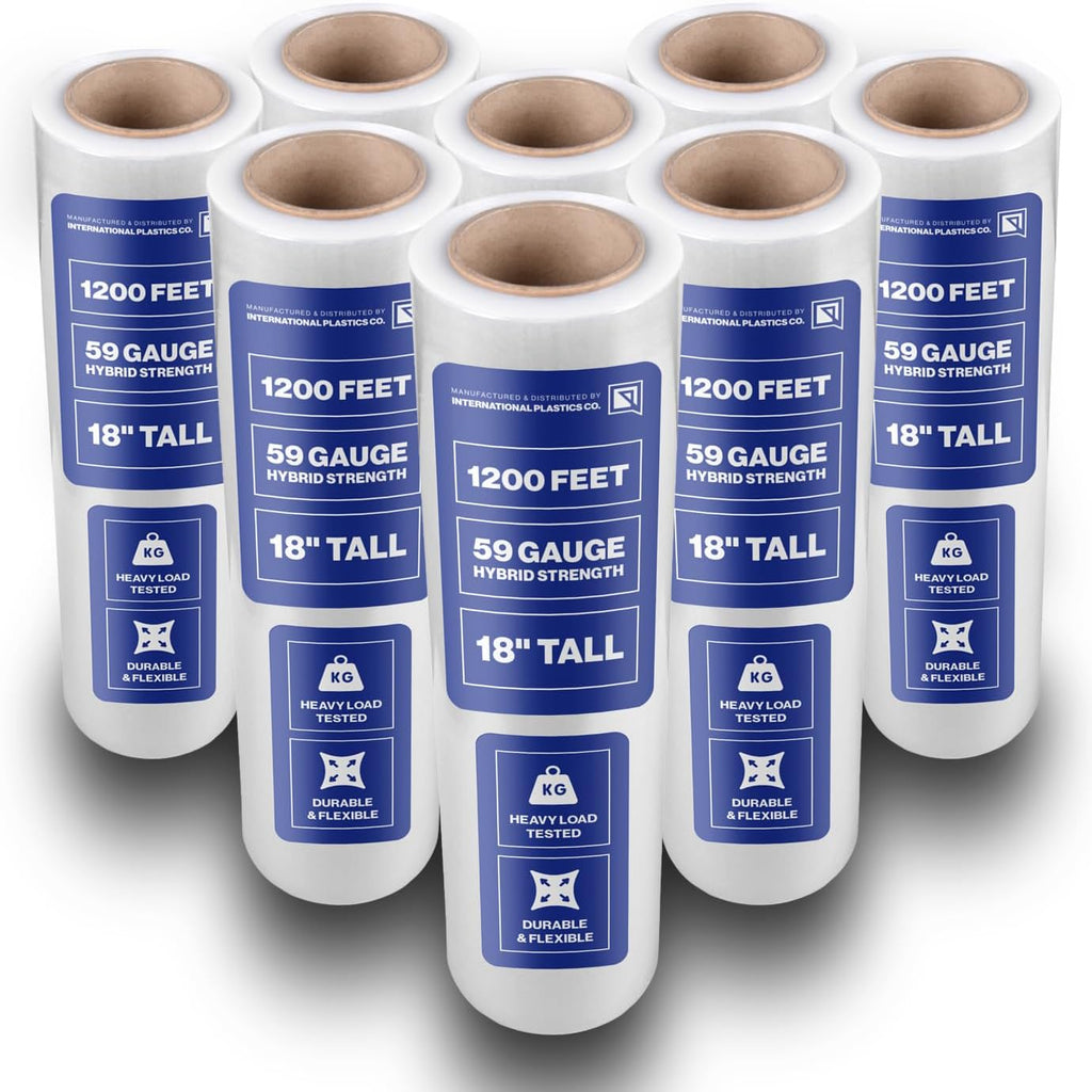 International Plastics Co. 18' Plastic Stretch Film/Wrap 1200ft 500% Stretch Clear Cling Durable Adhering Packing Moving Packaging Heavy Duty Shrink (18' - 17' Styles, 8 Pack)