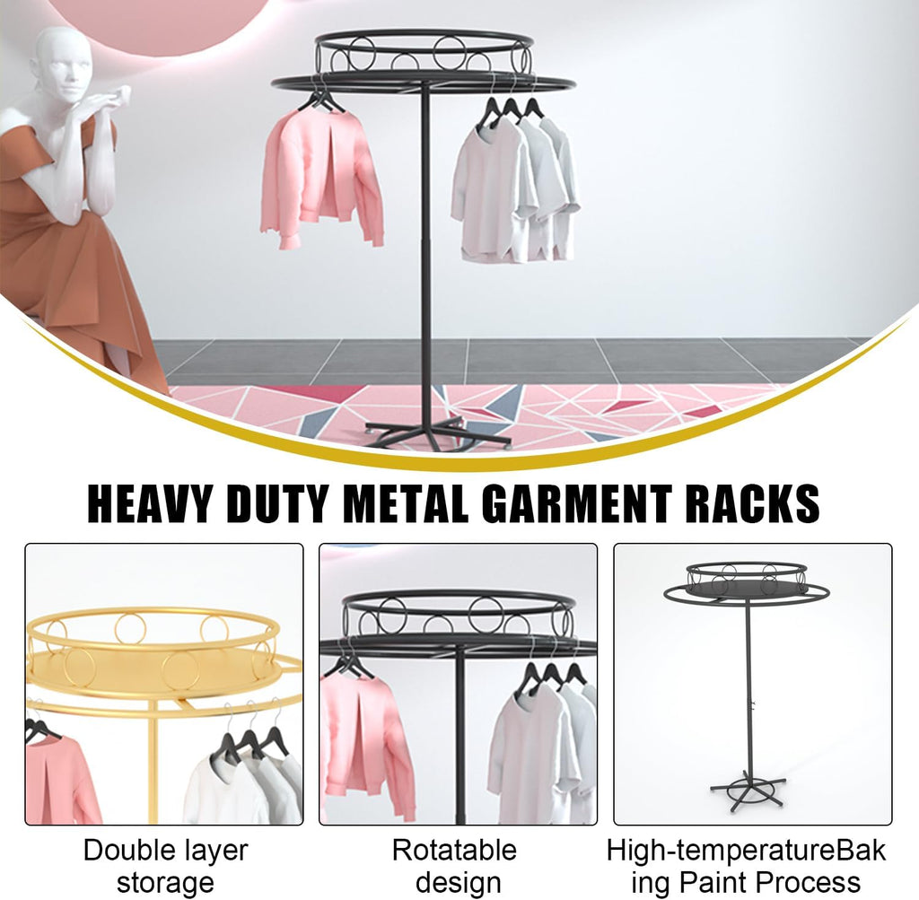 Floor-Standing Rotatable Clothing Rack, Multi-Functional Commercial Round Garment Racks for Hanging Clothes, Clothing Organize Rack for Commercial Retail,Gold,Width27.6in