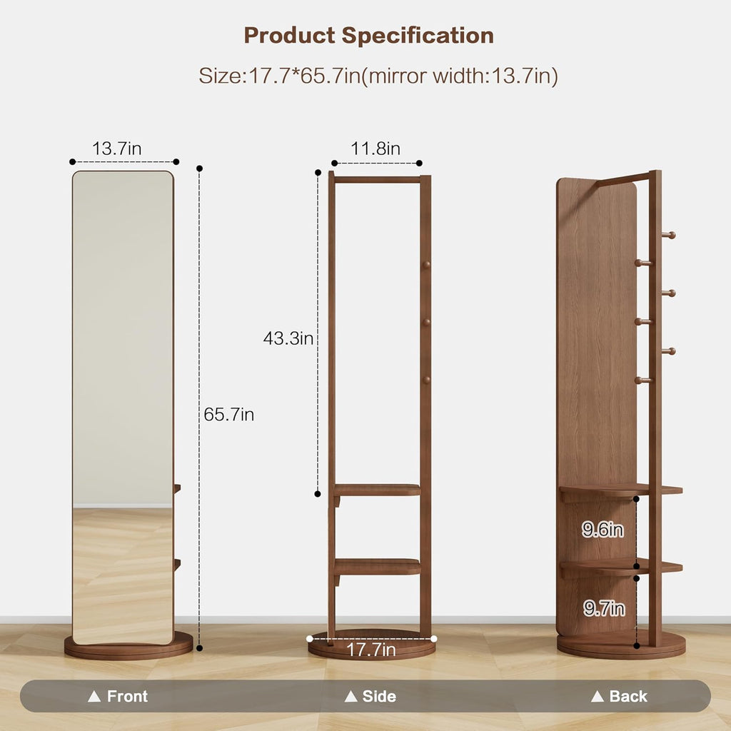 BOWEI Solid Wooden Coat Rack, Free Standing Coat Stand with Full Length mirror, Hall Coat Tree with Hooks and Storage Shelf for Coats, Hats, Bags, for Entryway, Hallway, Bedroom (Walnut)
