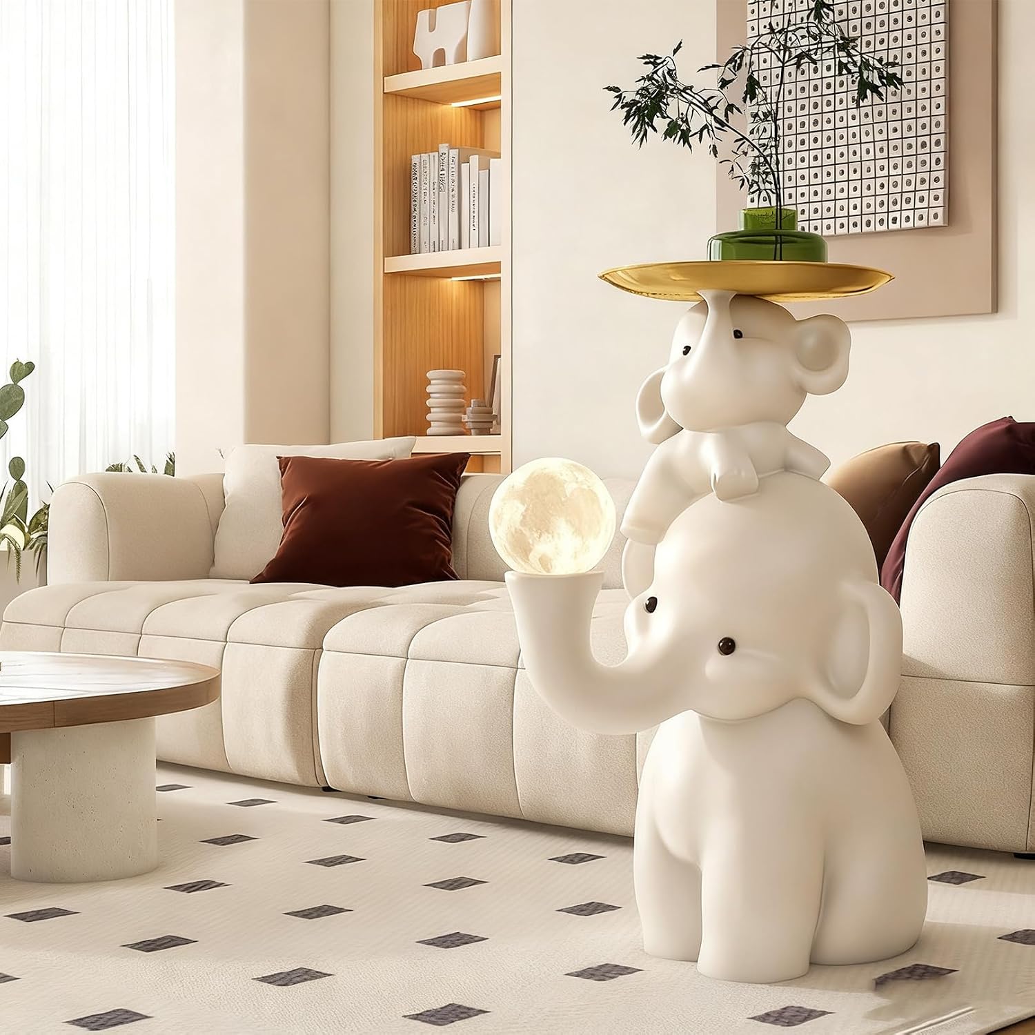 Elephant Side Table, Large Living Room Sculpture, Perfect as Sofa Side Table, Bedroom Nightstand, Coffee Table, Living Room Decor with Two Storage Trays (Lamp with a Tray Elephant)