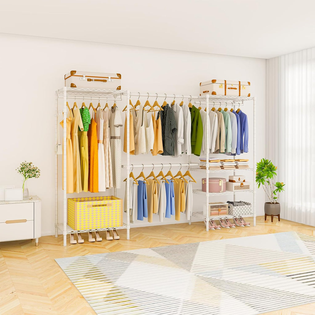 Heavy Duty Garment Rack, Portable Expandable Freestanding 4 Tiers Adjustable Wire Shelves Clothes Rack with 2 Retractable Poles, 70.9-86.6' L x 15.7' W x 76.8' H, Max Load 900LBS, White