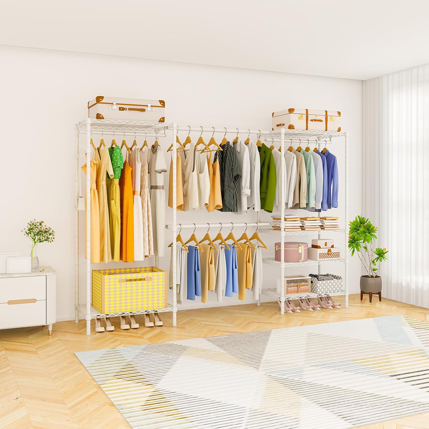 Heavy Duty Garment Rack, Portable Expandable Freestanding 4 Tiers Adjustable Wire Shelves Clothes Rack with 2 Retractable Poles, 70.9-86.6' L x 15.7' W x 76.8' H, Max Load 900LBS, White