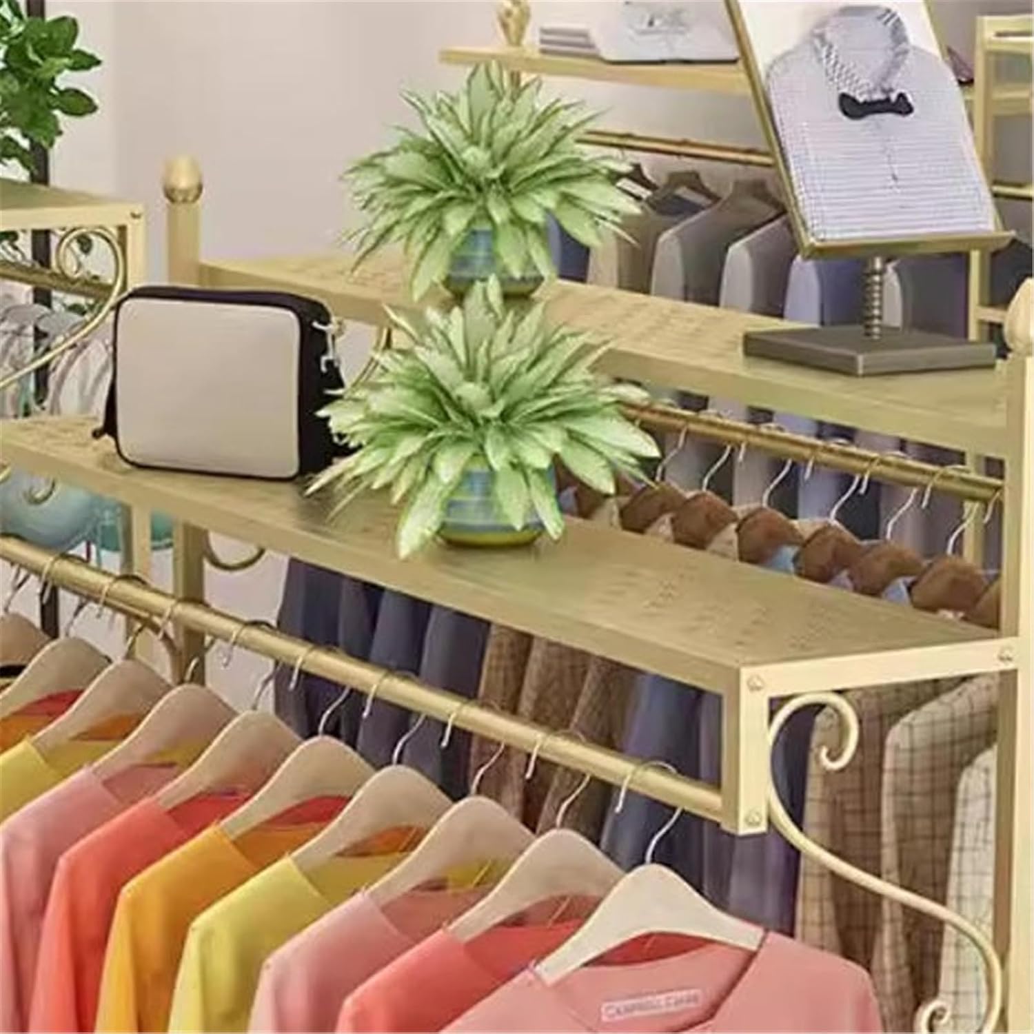 Clothing Rack Clothing Store Golden Island Display Shelf, Floor Standing Combination, Double Row Hanging Rack Bedroom(Medium)