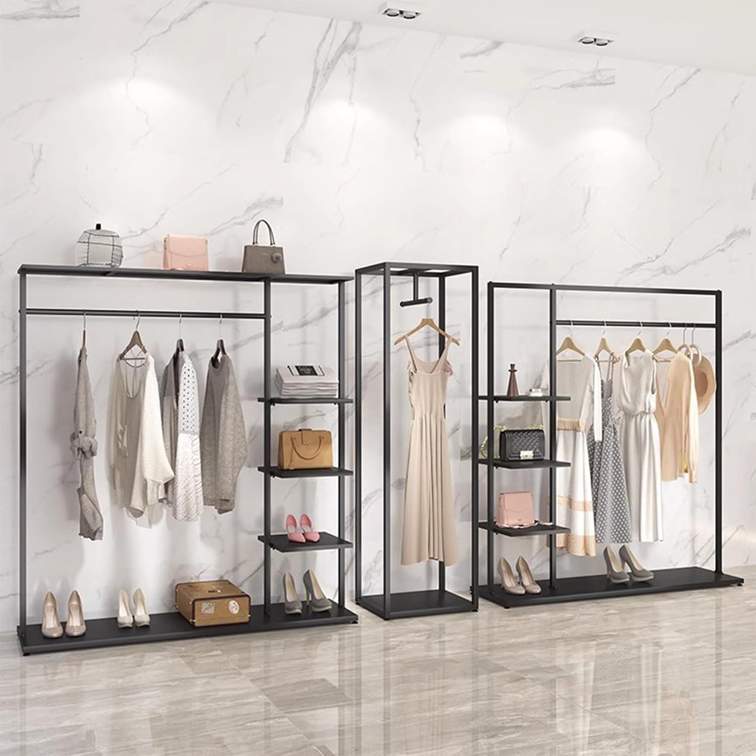 Garment Rack Freestanding Wardrobe Closet With 5 Shelves, Commercial Heavy Duty Clothing Rack For Hanging Clothes, Portable Metal Closet Organizer For Bedroom, Easy To Assemble, Bla(Size:150X40X160CM)